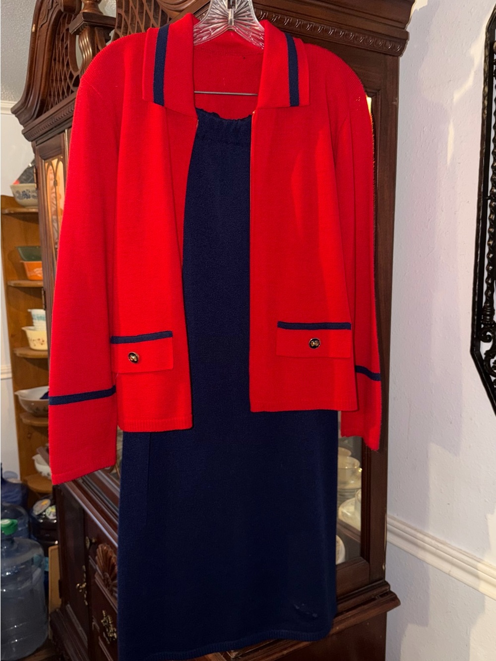 dylan Red Knit Blazer with Navy Trim and Navy Dress
